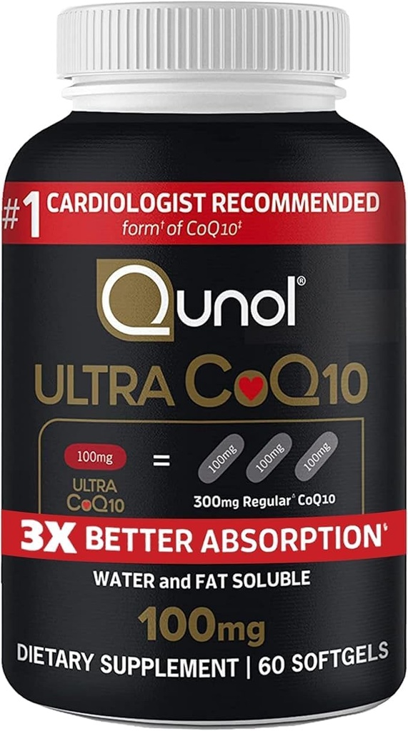 Qunol Ultra CoQ10 100mg 3X Mieux Absorption L'eau brevetée et le supplément naturel soluble de graisse forme Coenzyme Q10 Antioxydant pour packs de santé cardiaque Softgels, 120 Compte