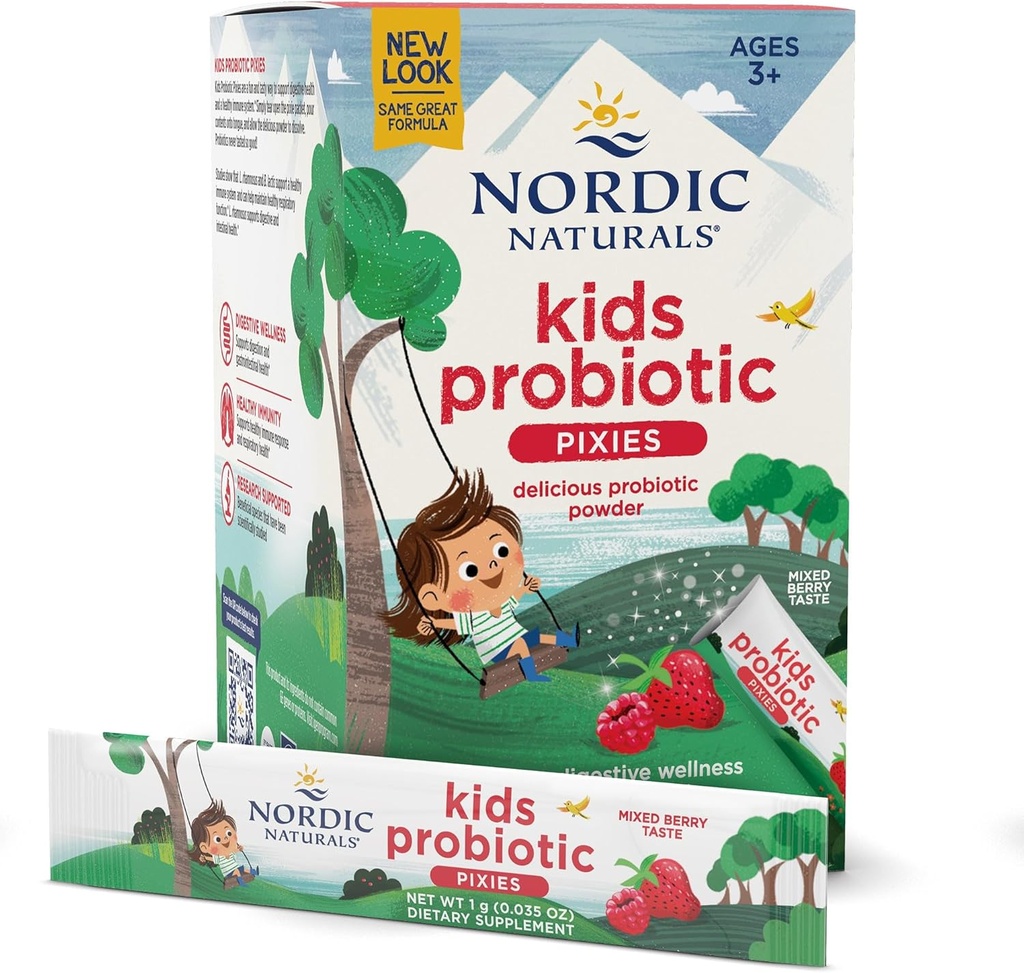Nordic Naturals Kids Probiotique Pixies, Berry mixte - 30 paquets - 3 milliards CFU - Bien-être digestif, soutien immunitaire - Non-OGM, végétalien - 30 portions