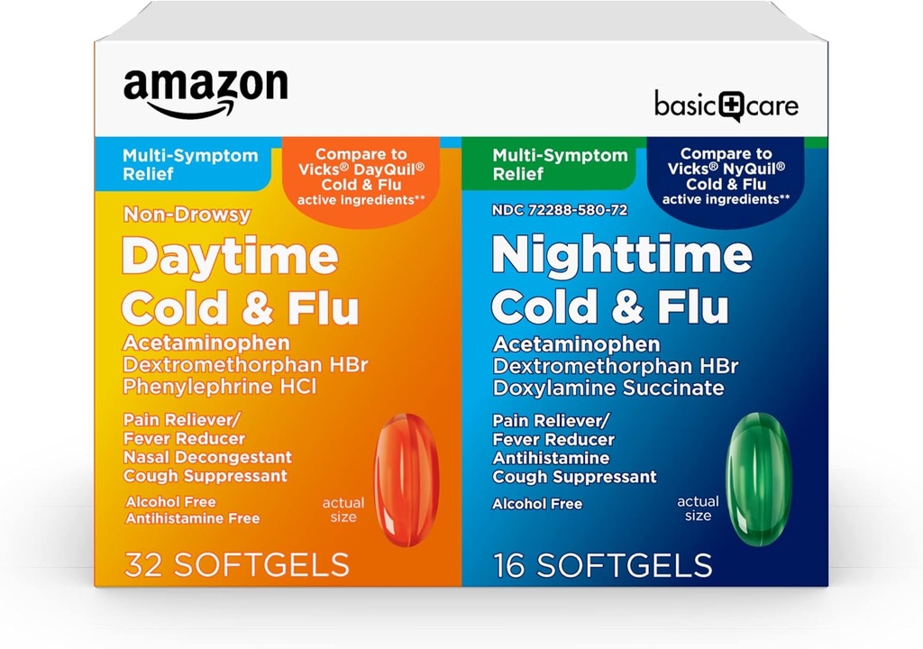 Amazon Basic Care Relief contre le rhume et la grippe, le jour et la nuit Combo Pack Softgels, puissant remède contre le rhume pour le soulagement de jour et de nuit multisymptômes, 48 Comte(Pack of 1)