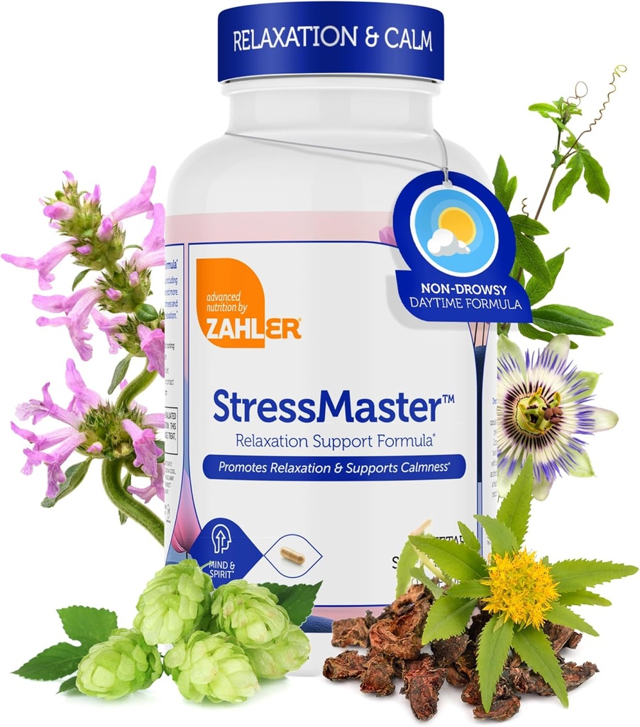 Zahler StressMaster – Formule de support pour la relaxation naturelle et l'humeur calme – Valérien, Passionflower, Rhodiola, GABA&L - Supplément théanique pour les femmes et les hommes – sans gluten kosher non-OGM (120capsules)