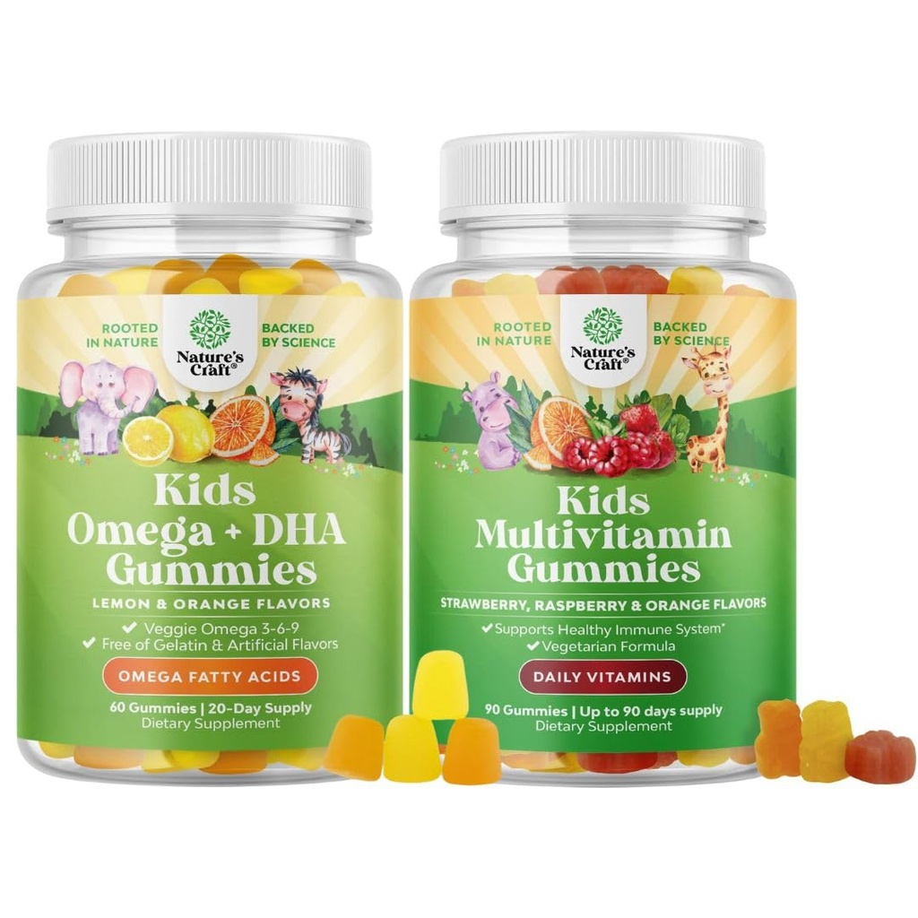 Bundle of Kids Gummies - DHA Acides gras Oméga 3 6 9 pour le cerveau, la force immunitaire et la vision et la multivitamine pour le soutien immunitaire avec les vitamines A, C, D3, E, B6 & B12, Zinc & Iodine