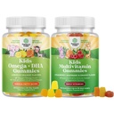 Bundle of Kids Gummies - DHA Acides gras Oméga 3 6 9 pour le cerveau, la force immunitaire et la vision et la multivitamine pour le soutien immunitaire avec les vitamines A, C, D3, E, B6 & B12, Zinc & Iodine