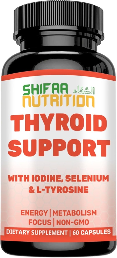 SHIFAA NUTRITION Support de thyroïde halal 30 portions Supplément de soulagement non-OGM avec B12, Iodine, Sélénium, L-Tyrosine