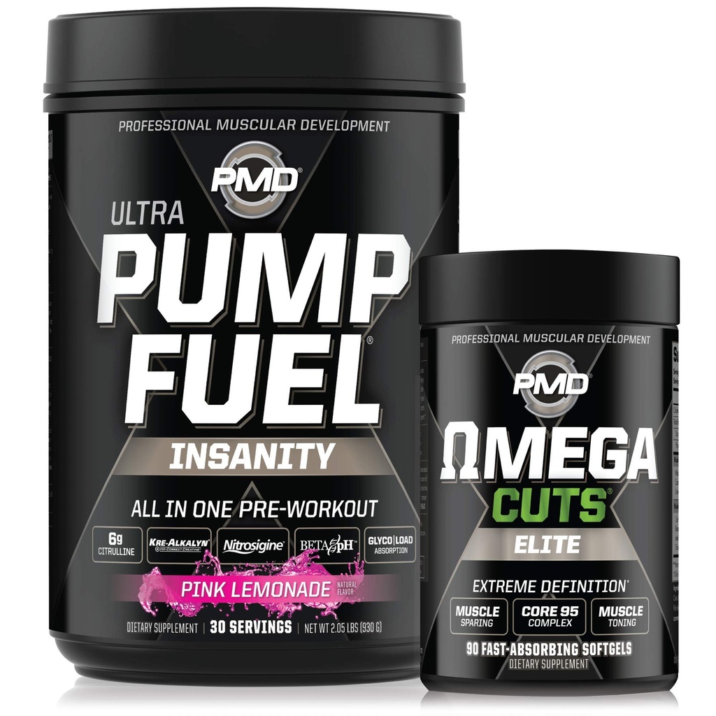 PMD Sports Ultra Pompe Fuel Insanité - Préentraînement – Cimonade rose (30 portions) Sports Omega coupe Elite Thermogénique Fat Burner (90 Softgels)