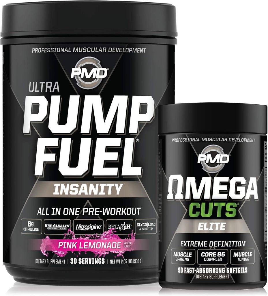 PMD Sports Ultra Pompe Fuel Insanité - Préentraînement – Cimonade rose (30 portions) Sports Omega coupe Elite Thermogénique Fat Burner (90 Softgels)