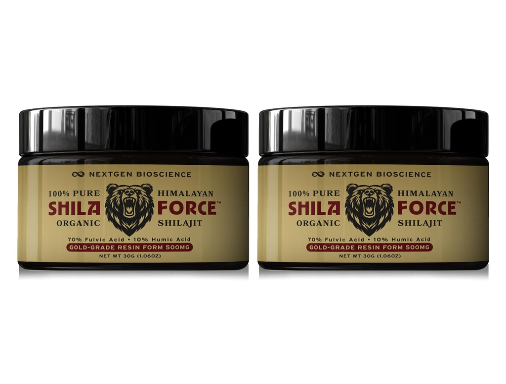ShilaForce Shilajit (2-Pack) Résine biologique d'Himalaya sauvage de qualité or pur - 500mg 70% Acid Fulvique et 10% Acid Humique avec 85+ Trace Minerals pour une énergie améliorée et un soutien immunitaire