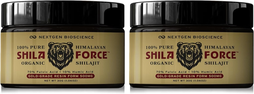 ShilaForce Shilajit (2-Pack) Résine biologique d'Himalaya sauvage de qualité or pur - 500mg 70% Acid Fulvique et 10% Acid Humique avec 85+ Trace Minerals pour une énergie améliorée et un soutien immunitaire