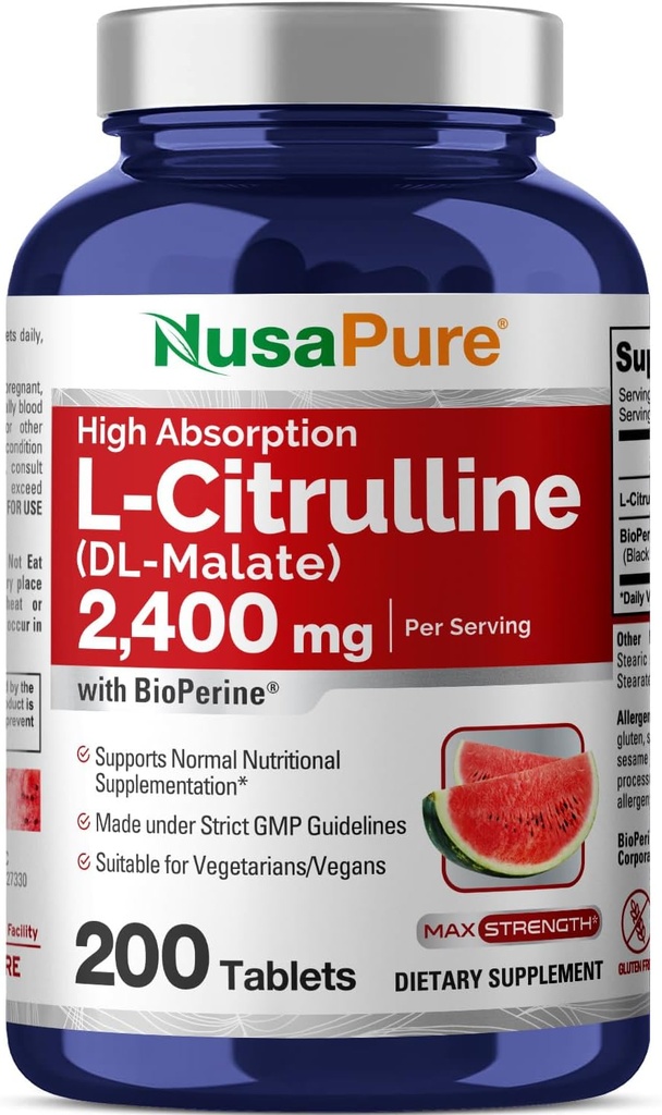 NusaPure L-Citrulline 2,400mg 200 comprimés végétariens (non-OGM, sans gluten, 100 jours d'approvisionnement, biopérine)