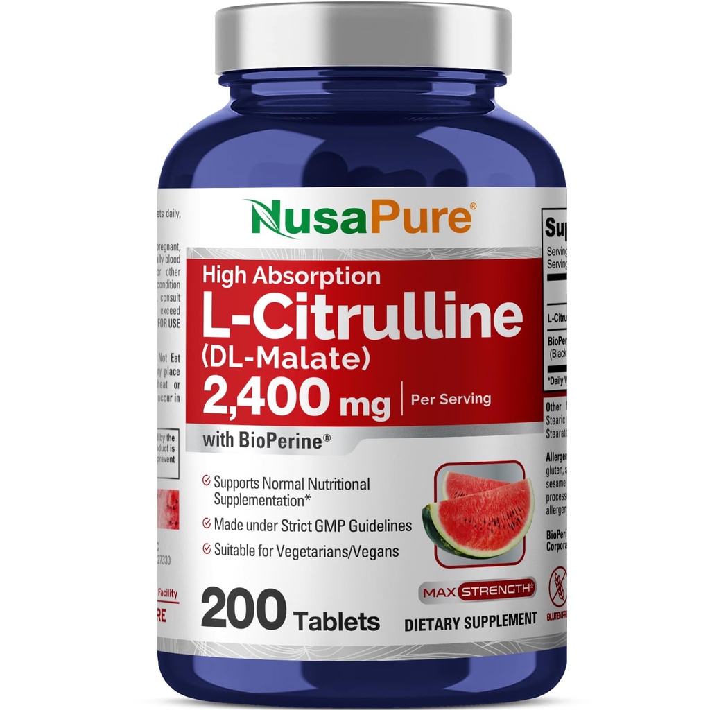 NusaPure L-Citrulline 2,400mg 200 comprimés végétariens (non-OGM, sans gluten, 100 jours d'approvisionnement, biopérine)