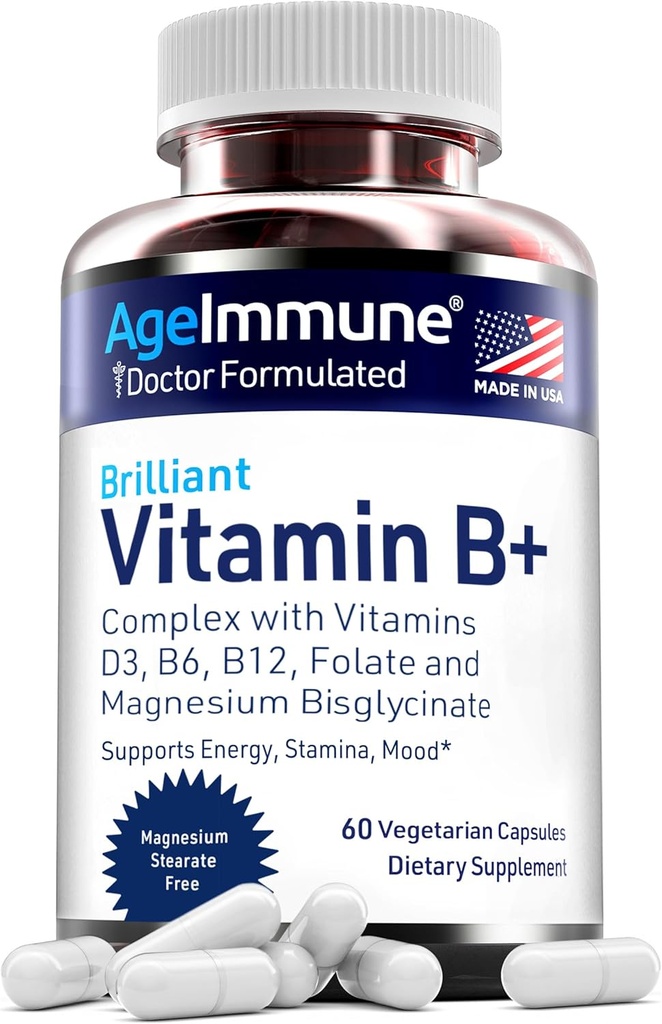 Complexe AgeImmune Vitamine B avec vitamine D3 B12 B6 Bisglycinate de magnésium et folate comme méthylfolate - Doctor Formulé supplément complexe Méthylé B – 60 Capsules - Sans Niacine