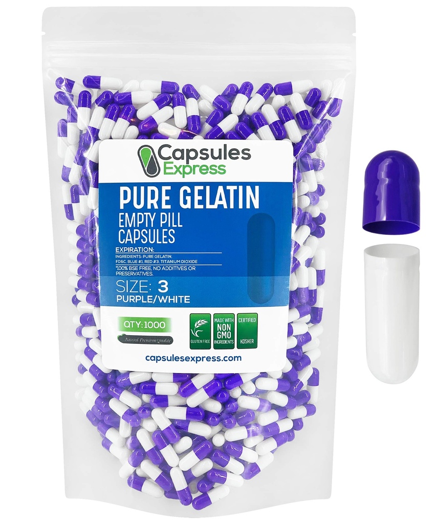 XPRS Nutra Taille 3 Capsules vides - 1000 Compte Capsules de gélatine vides - Pills Bricolage Capsule Remplissage - Pure Pilule de Gel de Pilule pour Do-It-Youlf Vitamines et Suppléments (Purple/White)