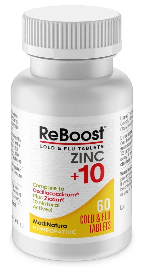MediNatura ReBoost Zinc +10 MAX Cold & Flu Symptom Relief Fast-Acting, Non-Drowsy Natural Apaisant Aides homéopathiques pour soulager le malaise corporel entier, la toux, la fatigue, la congestion - Citron - 60 comprimés
