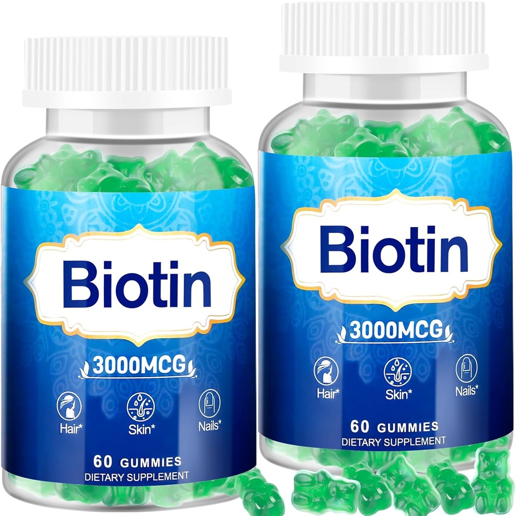 Peau et ongles de cheveux Gommies, 2 packs Vitamine capillaire haute puissance pour les femmes, les hommes et les enfants, Vitamine D & E,B16,B12, Gommies de biotine pour la croissance des cheveux, la peau et les ongles plus forts