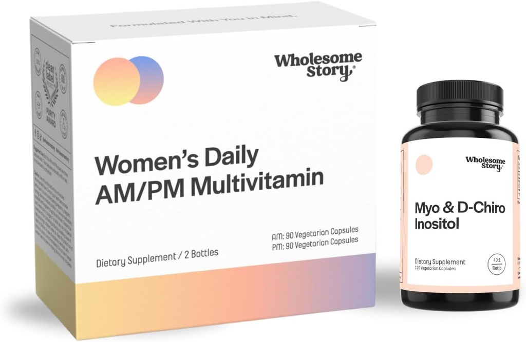 Wholesome Story Hormone Support Bundle: Myo-Inositol & D-Chiro Inositol Blend Capsule | Premium Bioavailable Daily Multivitamin for Women with Iron, Folate, Calcium, Omega-3 DHA & Vitamin D