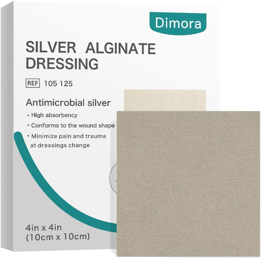 Dimora Upgrade Silver Calcium Alginate Wound Dressing -Antibacterial Non Stick Gauze, Highly Absorbent Sterile Bandage Pads,4'' x 4'' Patches 5 Packs