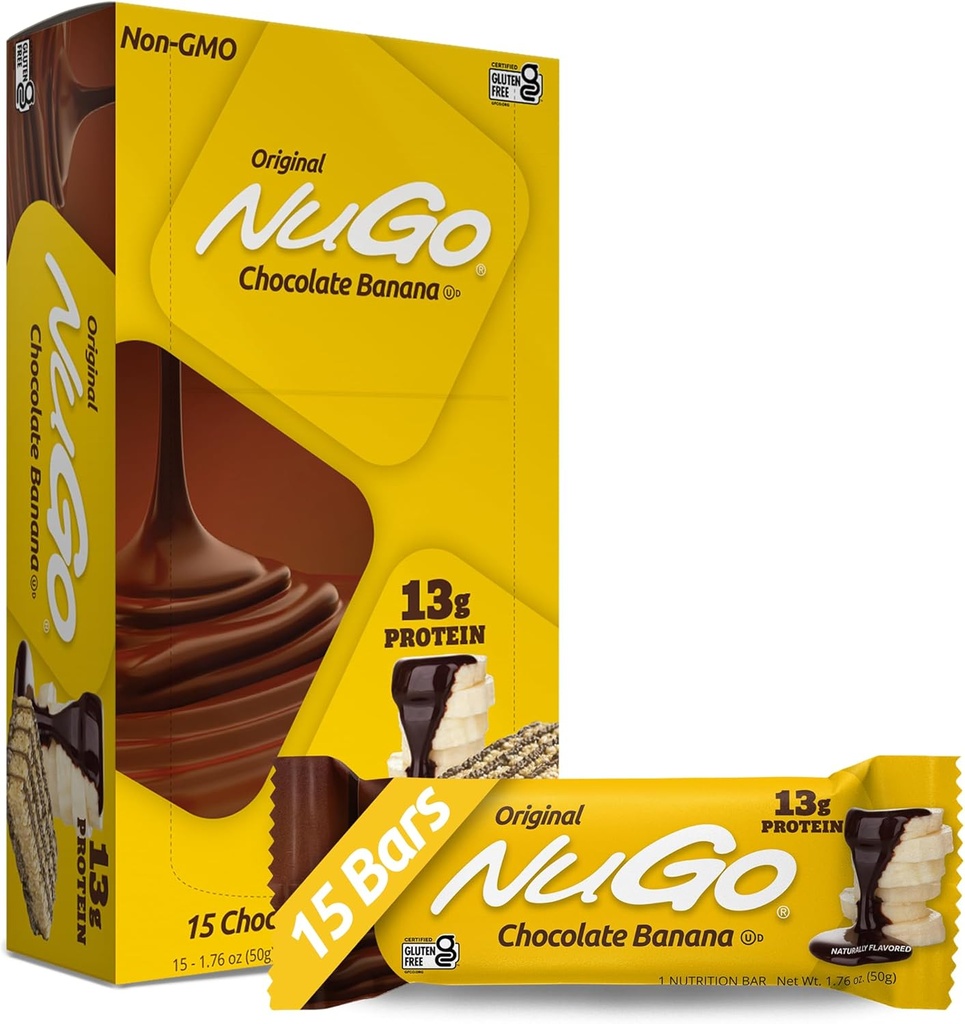 Barre de protéines NuGo, banane au chocolat, 13g de protéines, sans gluten, 15 Nombre