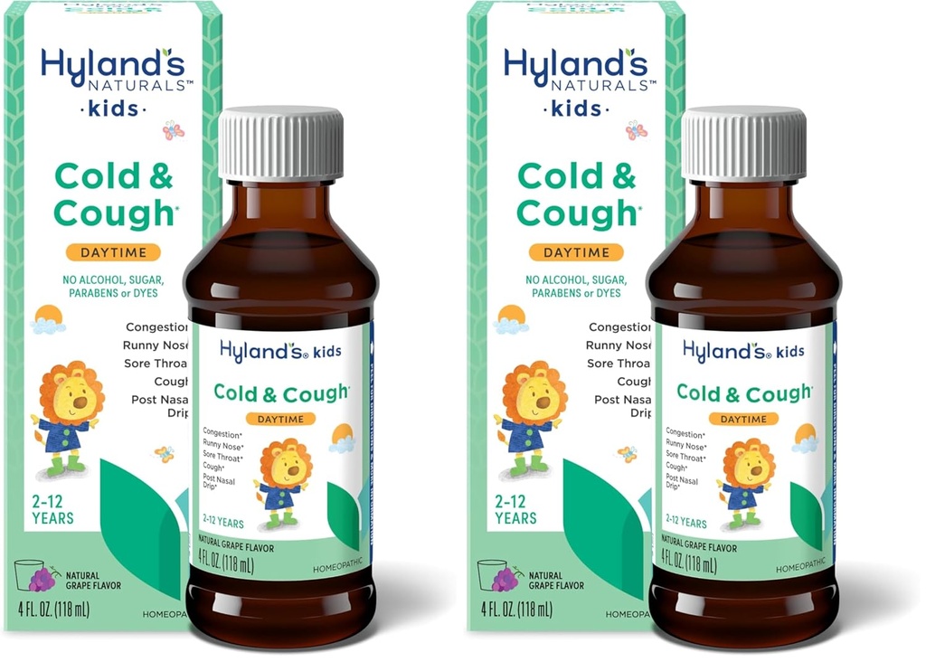 Hyland's Naturals Kids Cold & Cough, Daytime Grain Flavor Cough Sirop Medicine for Kids Ages 2+, Dognestant, Mal de gorge et de soulagement de l'allergie, traitement naturel des symptômes du froid, 4 Fl Oz