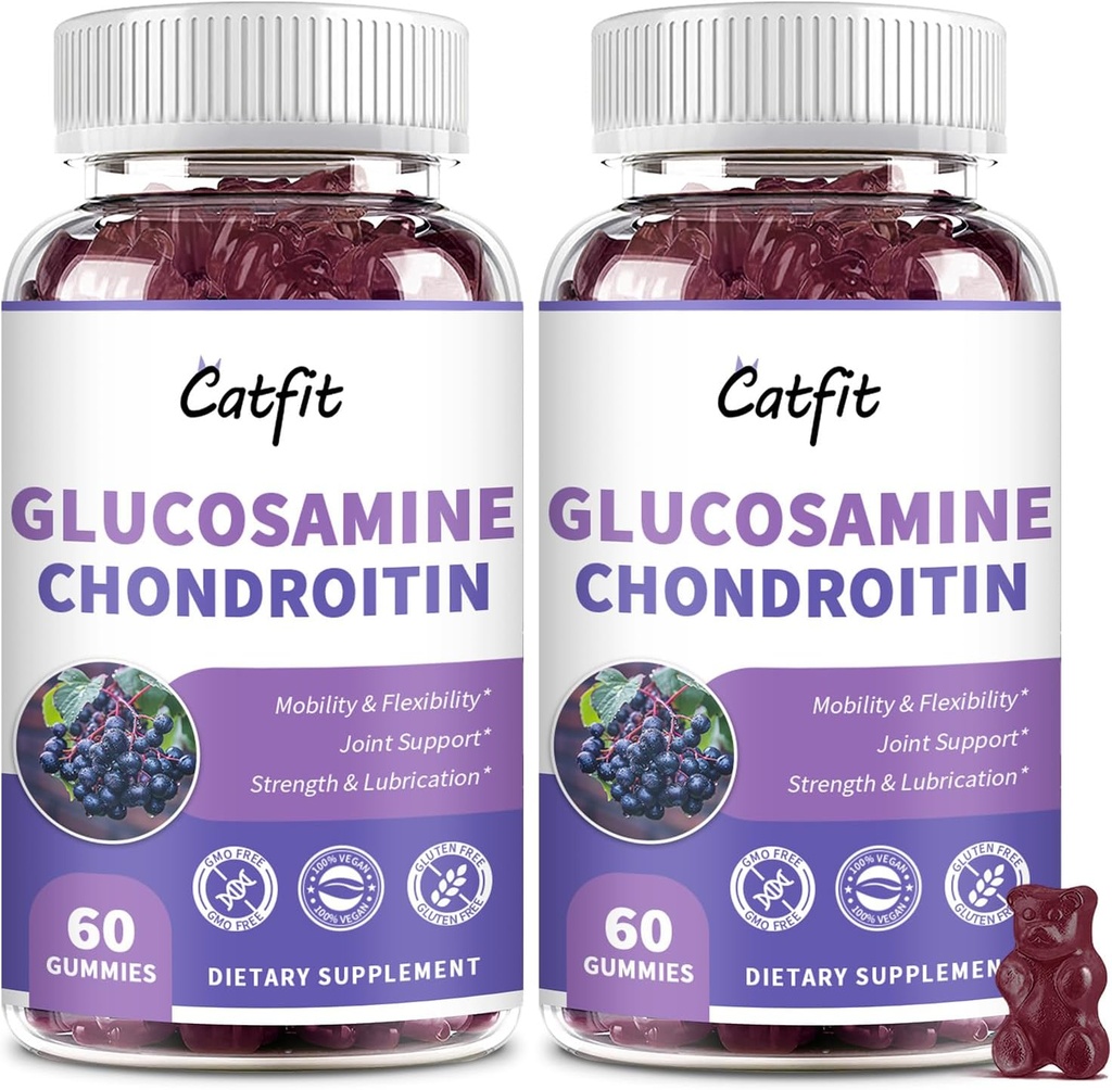 Catfit Glucosamine Chondroïtine Gommies, Supplément de soutien de santé mixte Extra Strength avec MSM & Elderberry, Supplément de soutien immunitaire antioxydant pour adultes Hommes et femmes (2 Pack)