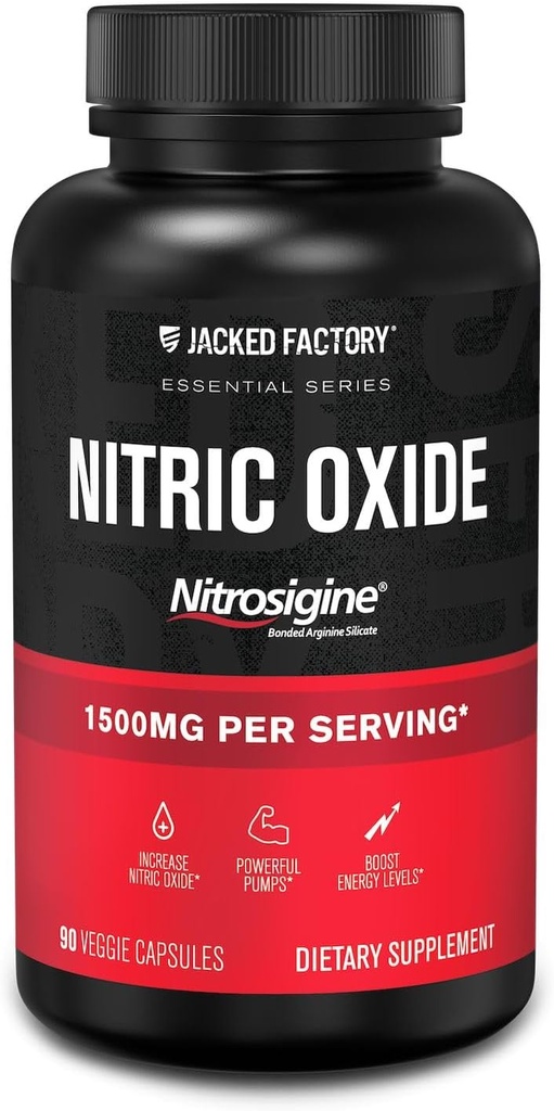 Booster à oxyde nitrique Jacked Factory Essentials - Silicate L-Arginine breveté 1500mg Supplément préentraînement pour la croissance musculaire, les pompes, la vasculaire et l'énergie - 90 pilules veggie