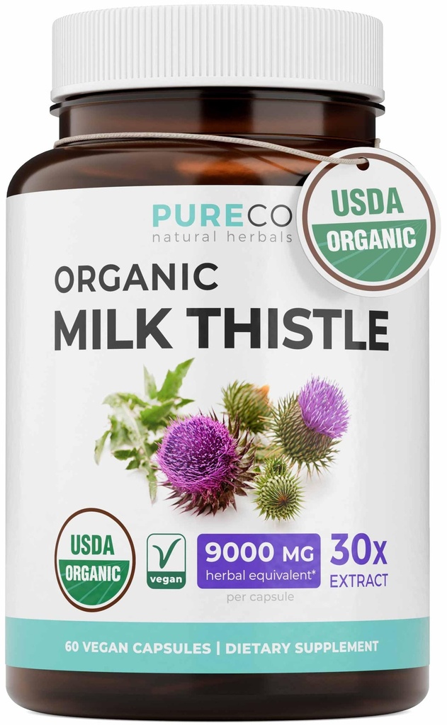 USDA Capsules de chardon de lait biologique - 80% Silymarin Supplément pour le soutien du foie- Super concentré 300mg de 30:1 extrait de chardon de lait équivalent à 9000mg - Détox de chardon de lait 60 jours