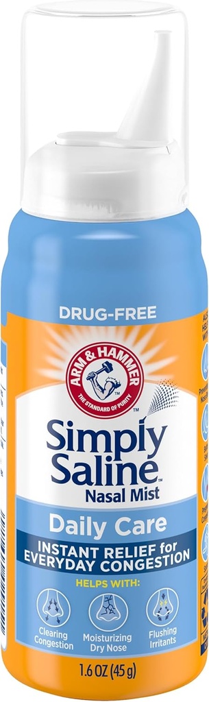 ARM & HAMMER Simply Saline Daily Care Nasal Mist, Spray Saline Non-Drowsy sans drogue pour la congestion nasale instantanée et le soulagement de l'allergie, utilisation aussi souvent que nécessaire, approprié à utiliser si enceinte, 1,6 oz