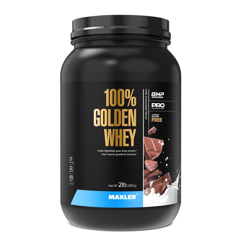 Maxler 100% Golden Whey Protein - 22g de protéines par portion - Poudre de protéines de lactosérum pour pré-entraînement - Isolation rapide de lactosérum et mélange hydrolysat - Protéine de chocolat au lait 2 lb