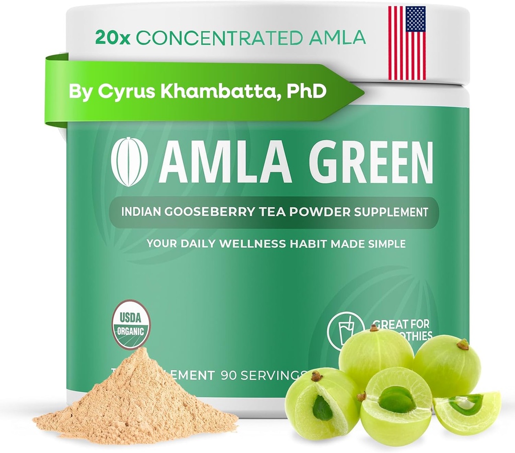 Amla Powder & Green Tea Superfood Supplement, 20x Amla ultra concentré, antioxydant, fait avec du thé oolong et des baies d'oie indiennes, biologique, végétalien, saveur classique, 90 portions