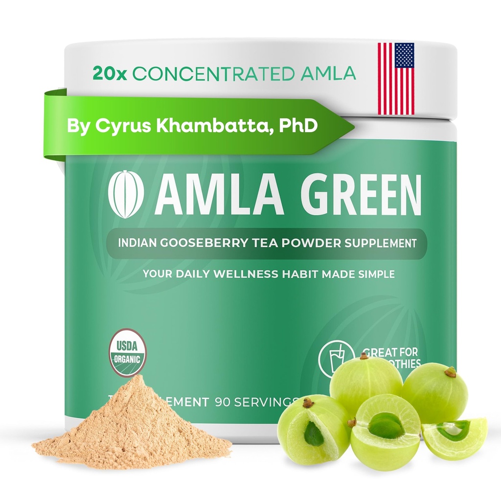 Amla Powder & Green Tea Superfood Supplement, 20x Amla ultra concentré, antioxydant, fait avec du thé oolong et des baies d'oie indiennes, biologique, végétalien, saveur classique, 90 portions