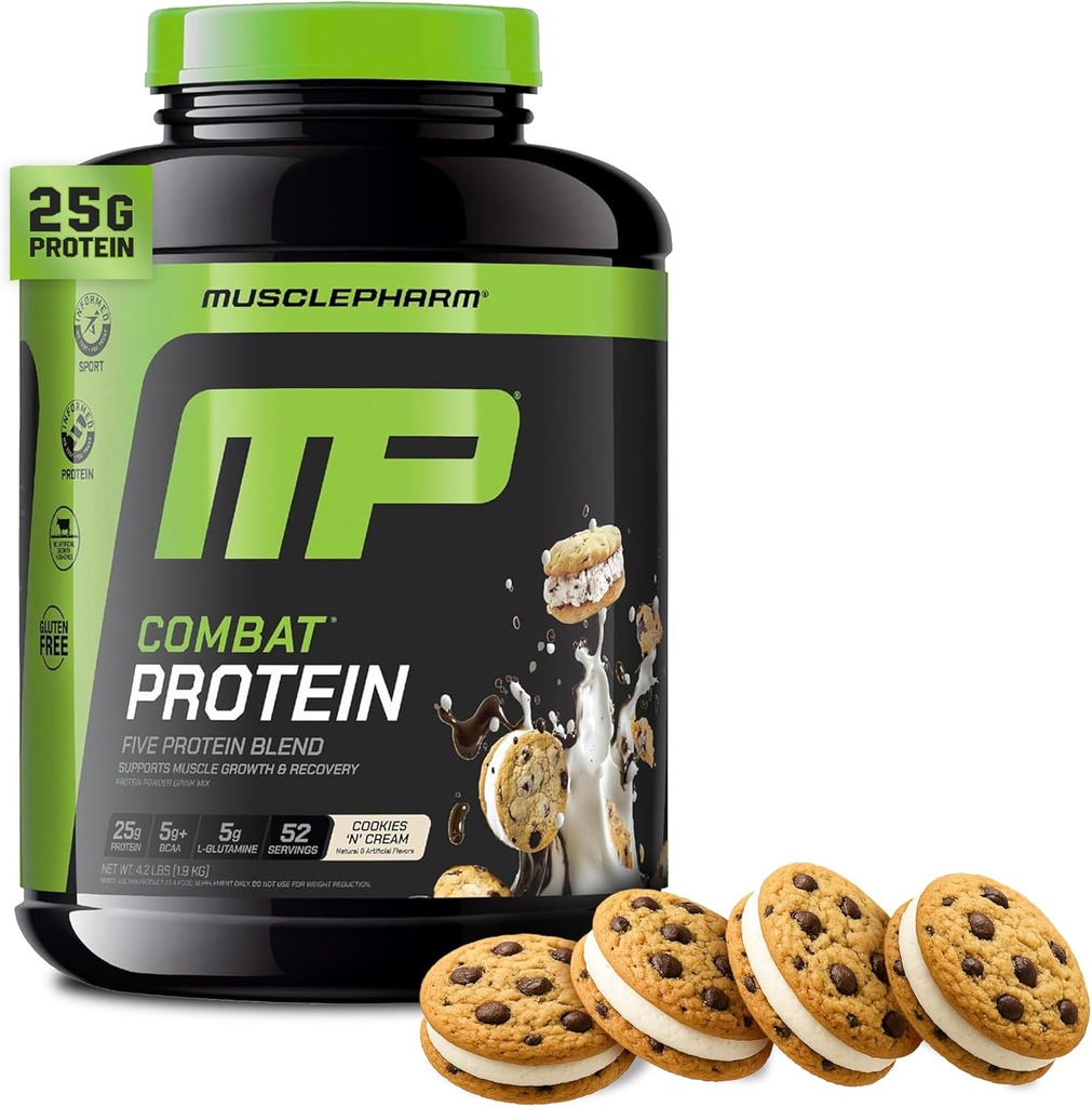 MusclePharm Combat Protéines Poudre, Cookies «N» Saveur de crème, Carburants Muscles pour des entraînements productifs, 5 Sources de protéines, y compris l'isolat de protéines de lactosérum et l'albumine d'oeuf, sans gluten, 4 lb, 52 portions