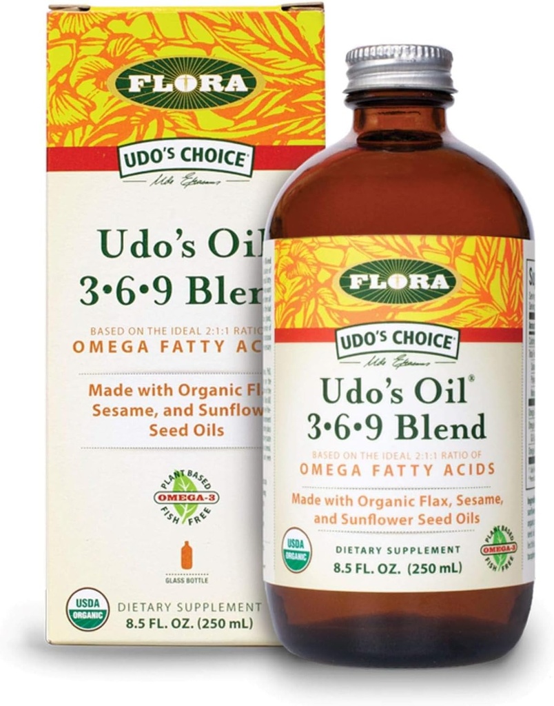 Flore - Udo's Choice Omega 369 Mélange d'huile, fait avec du lin organique, du sésame et des huiles de graines de tournesol, à base végétale Omega acides gras, basé sur le rapport idéal 2:1:1, 8,5-fl. oz. Bouteille en verre