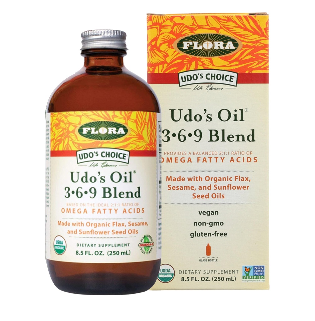 Flore - Udo's Choice Omega 369 Mélange d'huile, fait avec du lin organique, du sésame et des huiles de graines de tournesol, à base végétale Omega acides gras, basé sur le rapport idéal 2:1:1, 8,5-fl. oz. Bouteille en verre