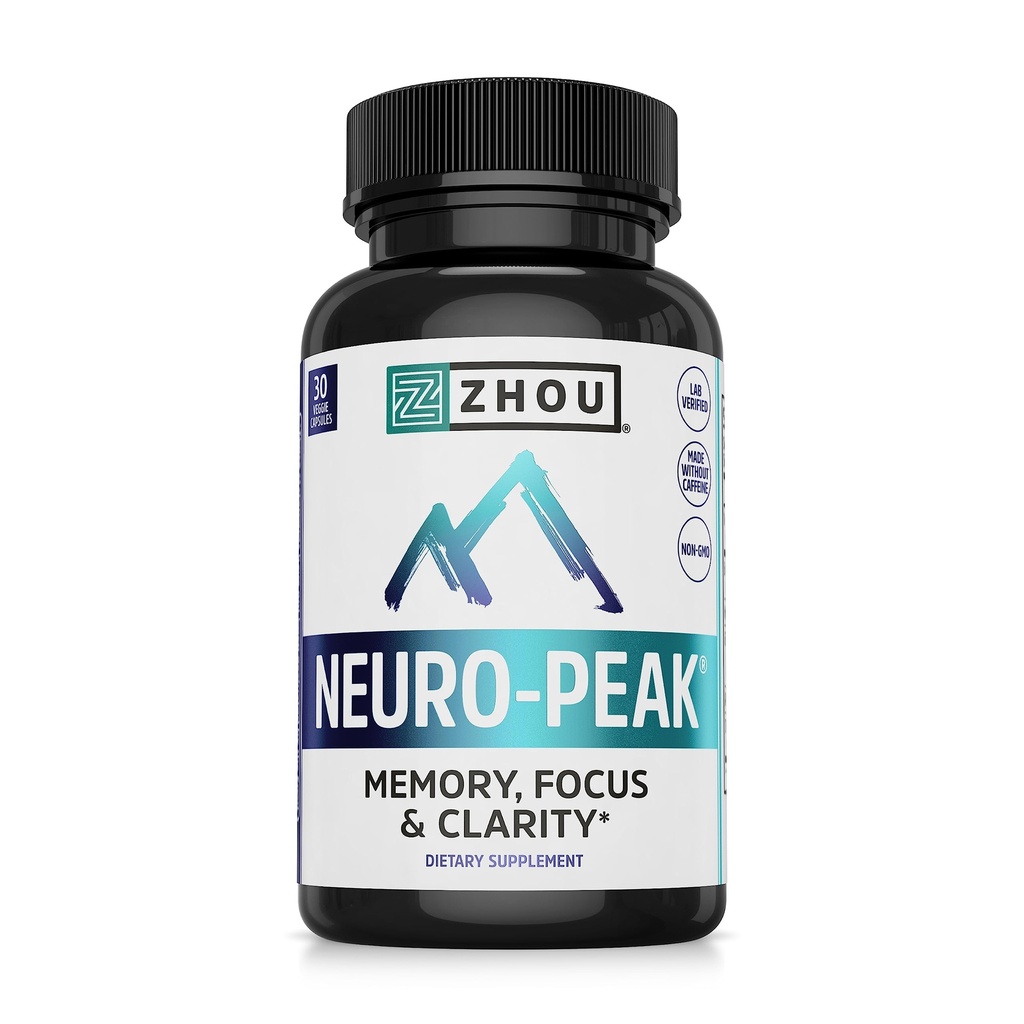 Zhou Neuro-Peak - Suppléments Cerveau pour la mémoire et la concentration, Nootropic pour les hommes et les femmes, Pilule de soutien du cerveau pour les adultes, Vitamines cérébrales - 30 Capsules de légumes (paquet de 1)
