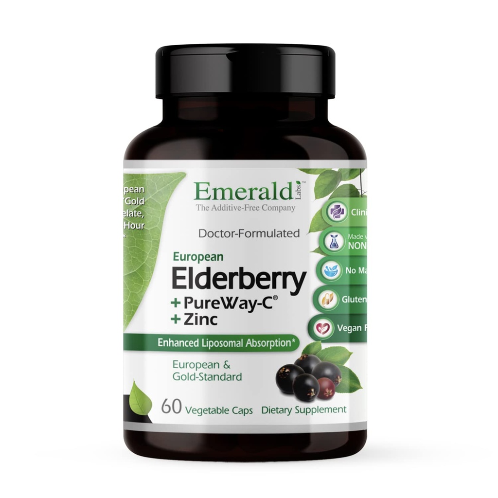 EMERALD LABS Elderberry Plus - Soutien digestif et immunitaire avec extrait européen de baies d'eau, vitamine C comme Zinc chélaté PureWay-C et Albion - végétalien et sans gluten - 60 capsules végétales (30 jours d'approvisionnement)