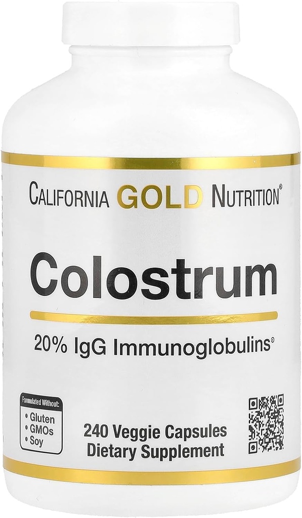 California Gold Nutrition Colostrum Concentrated Bovine Pre-Milk Supplément avec Immunoglobulines - Immune Support - Sans gluten, sans OGM, sans antibiotiques - 240 Capsules de Veggie