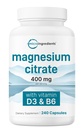 Micro-ingrédients Citrate de magnésium 400mg, 240 Capsules avec vitamine D3 1000IU et B6