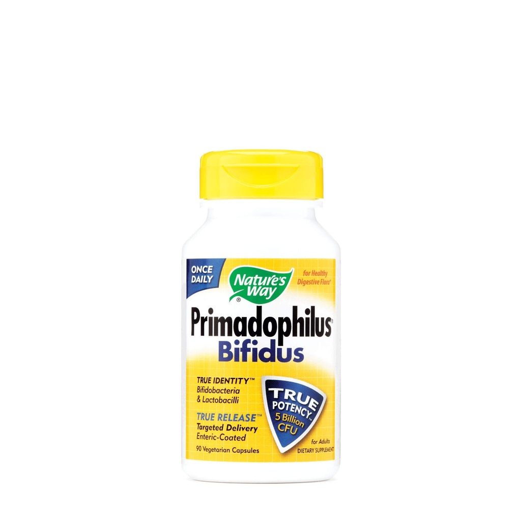 Nature's Way Primadophilus Bifidus Probiotic, soutient la flore digestive*, 5 milliards de cultures probiotiques vivantes par gélule, Lactobacilli, Bifidobacteria, 90 capsules (paquetage May Vary)