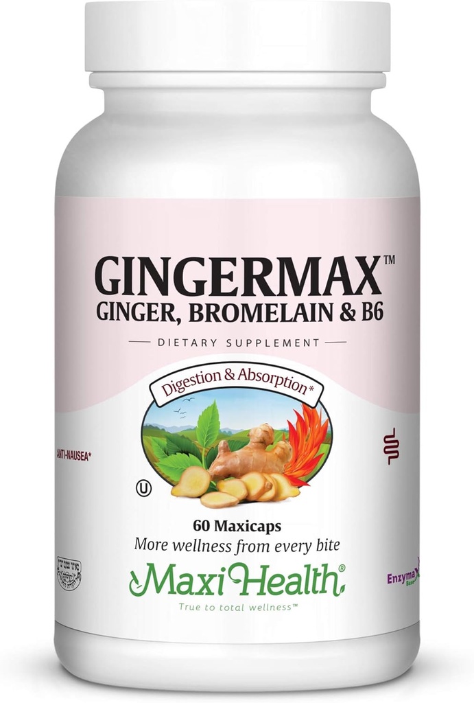 Maxi Health Gingermax - Ginger - Bromelain et vitamine B6 - Digestion Health - 60 Capsules - Kosher