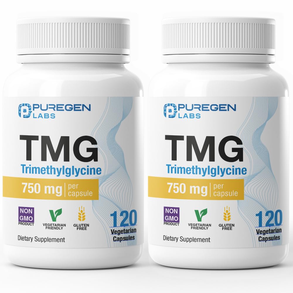Puregen Labs TMG 750 mg – [High Potency] Triméthylglycine Supplement – Encourage les taux d'homocystéine sains, non-OGM, NO Gluten et Dairy.