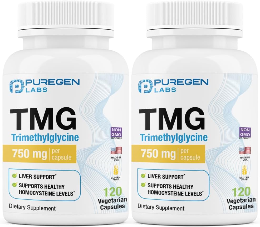 Puregen Labs TMG 750 mg – [High Potency] Trimethylglycine Supplement – Encourages Healthy Homocysteine Levels, Non-GMO, NO Gluten and Dairy | Made in USA - 2 Pack - Total 240 Vegetarian Capsules