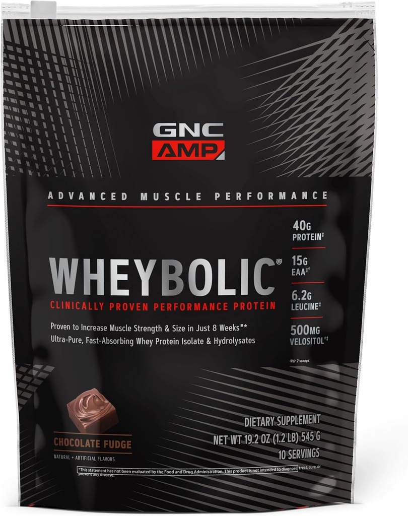 GNC AMP Poudre de protéines éprouvées cliniquement, 40g de protéines de lactosérum, BCAA, Leucine, Augmente la force musculaire, Bâtiment des muscles, 3e partie testée, Chocolate Fudge, Sans gluten, 10 portions
