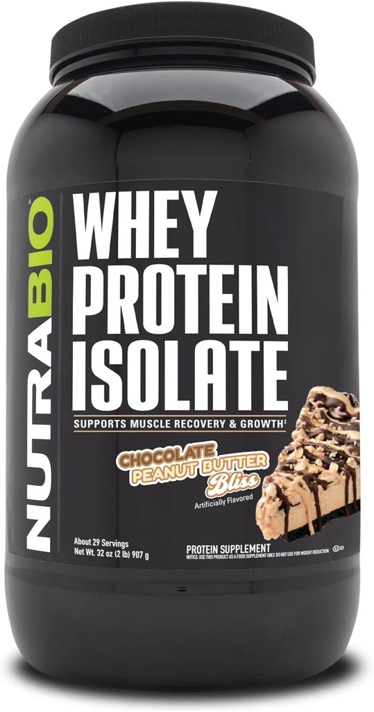 NutraBio 100% Whey Protein Isolate Protein Powder, 25g Protein with Complete Amino Acid Profile, Non-GMO, Soy & Gluten Free, Low Carb, Low Calorie Whey Protein Powder, Chocolate Peanut Butter, 2 Lbs