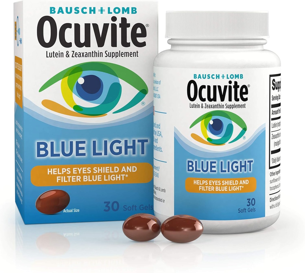 Supplément Lutéine et Zeaxanthine Bleue Ocuvite, Vitamine oculaire pour la souche des yeux, soutien de la vision et de la santé oculaire, Softgels pour l'exposition à l'écran et au soleil, 30 Softgels