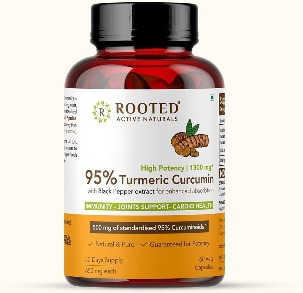 Curcumin (95%) with Black Pepper Extract (for Better absorbtion),1300mg, for Immunity, Joints Health | 60 Veg Capsules, 650 Mg Each