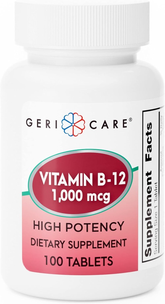 GeriCare Vitamine B-12 Comprimés à haute puissance de 1000 mcg, supplément diététique premium pour stimuler l'énergie, soutenir la santé cérébrale et maintenir un système nerveux sain 100 Compte (paquet de 1)