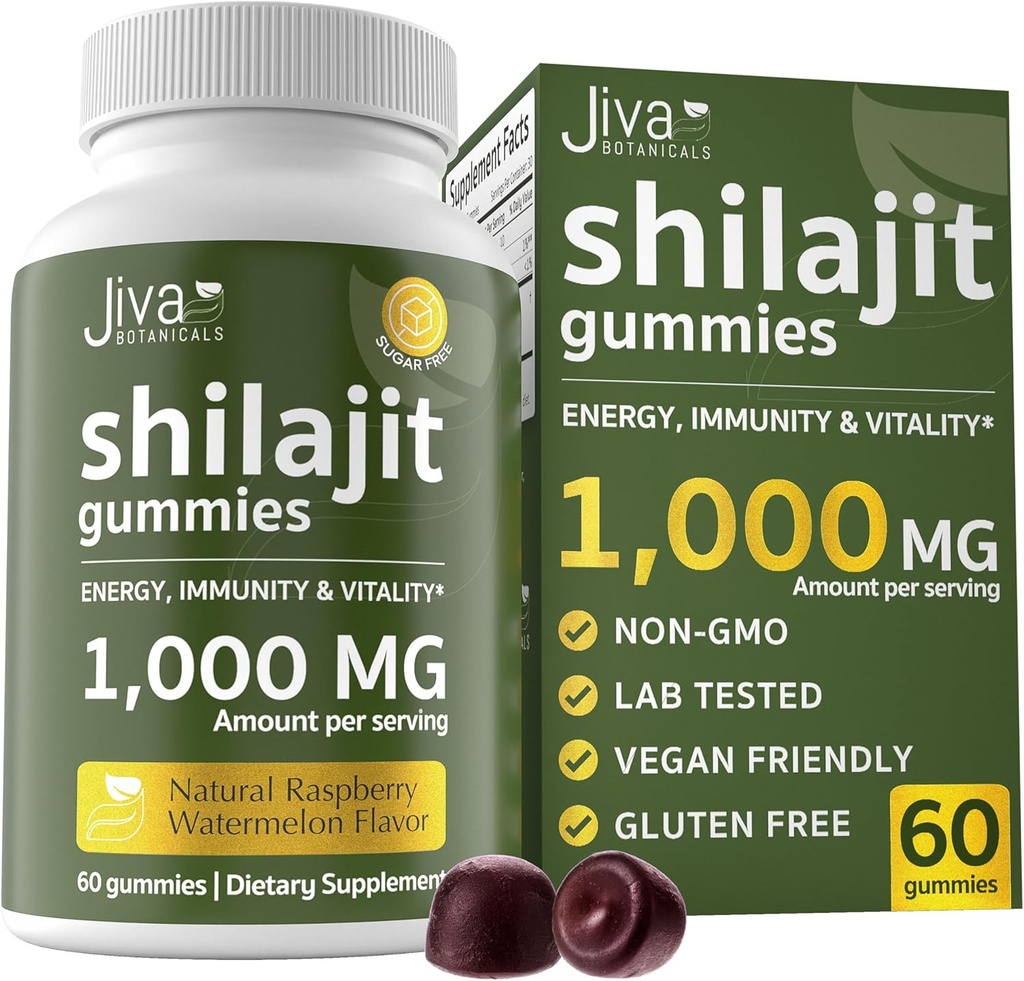 Jiva Botanicals Pure Shilajit from The Himalayas Gummies for Men & Women - Shilajit Gummies 1000mg for Healthy Aging, Immune System & Normal Energy Support - Sugar-Free, Vegan, 60 Count (Pack of 1)