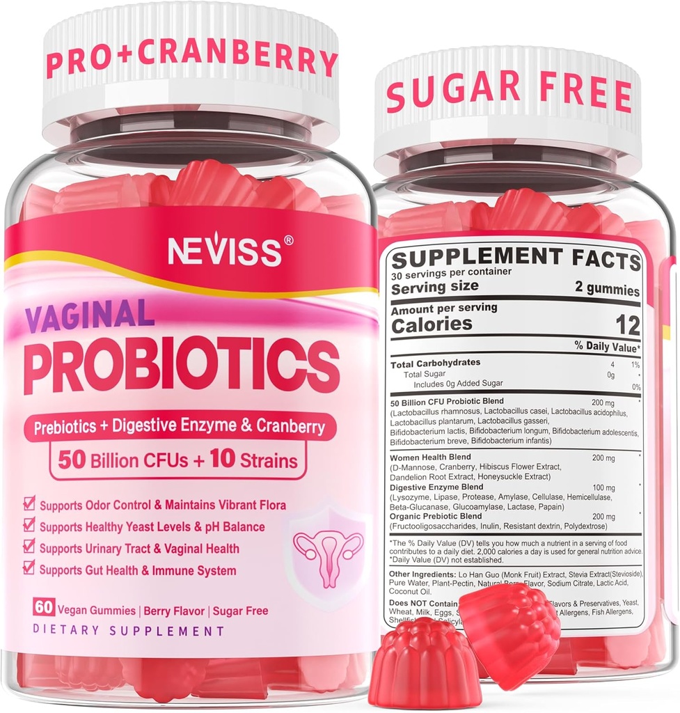 Probiotiques vaginaux Gummies pour les femmes PH Balance, Contrôle de l'odeur avec les prébiotiques, canneberge, D-mannose, favorise la flore vaginale féminine saine, le trac urinaire, levure, soutien digestif, sans sucre, 60Cts