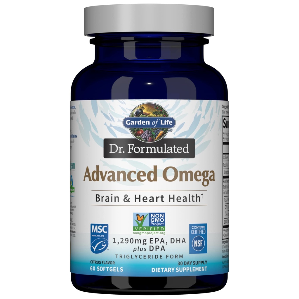 Garden of Life Dr. Formulé l'huile de poisson oméga avancée - citron, 1,290mg EPA, DHA + DPA sous forme de triglycéride, supplément Omega 3 source unique pour la santé du cerveau et du coeur ultime, non-OGM, 60 Softgels