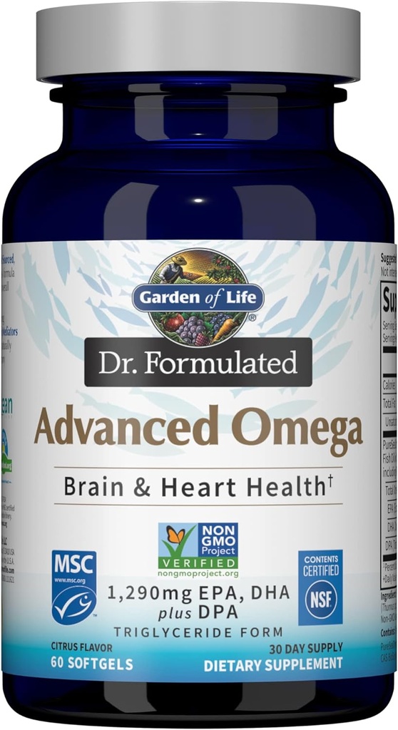 Garden of Life Dr. Formulated Advanced Omega Fish Oil - Lemon, 1,290mg EPA, DHA + DPA in Triglyceride Form, Single Source Omega 3 Supplement for Ultimate Brain & Heart Health, Non-GMO, 60 Softgels