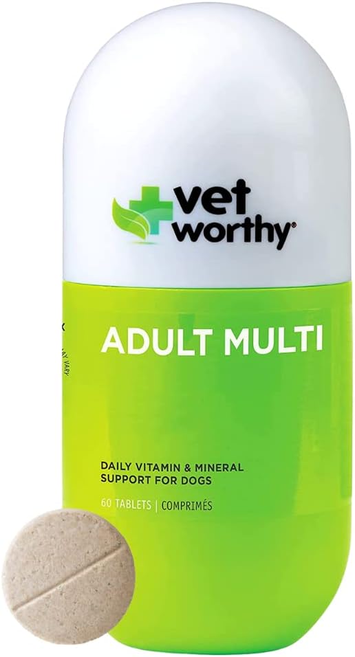 Vet Worthy Multivitamines pour adultes - Multivitamines pour chiens pour soutenir la santé optimale et le bien-être général - Supplément pour chiens avec fer, magnésium, zinc, vitamine A, vitamine B - Saveur du foie, 60 comprimés