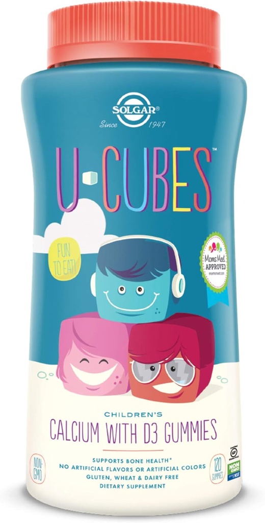 Solgar U-Cubes Calcium pour enfants avec vitamine D3, 120 Gummies - Fraise Flavor - Soutient la santé des os et des dents - Non OGM Sans gluten, sans lait - 60 portions